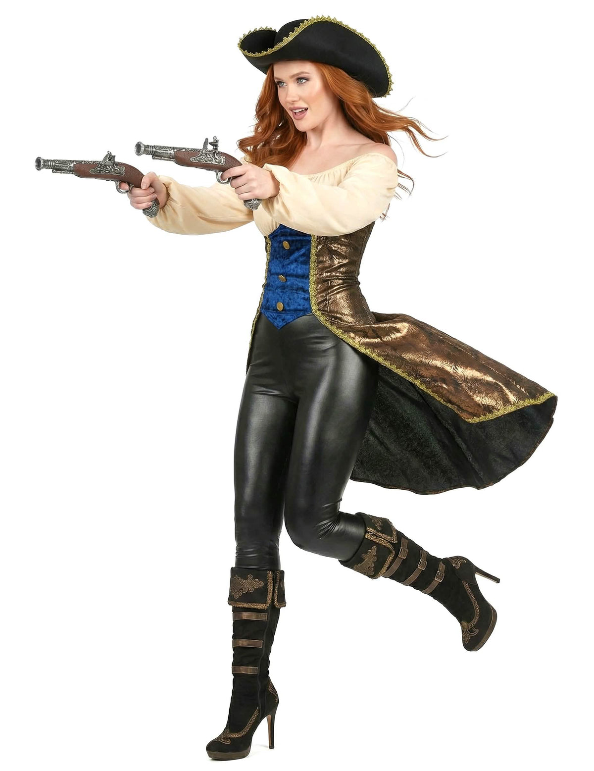 Vue de profil avec pistolets du déguisement de pirate pour femme