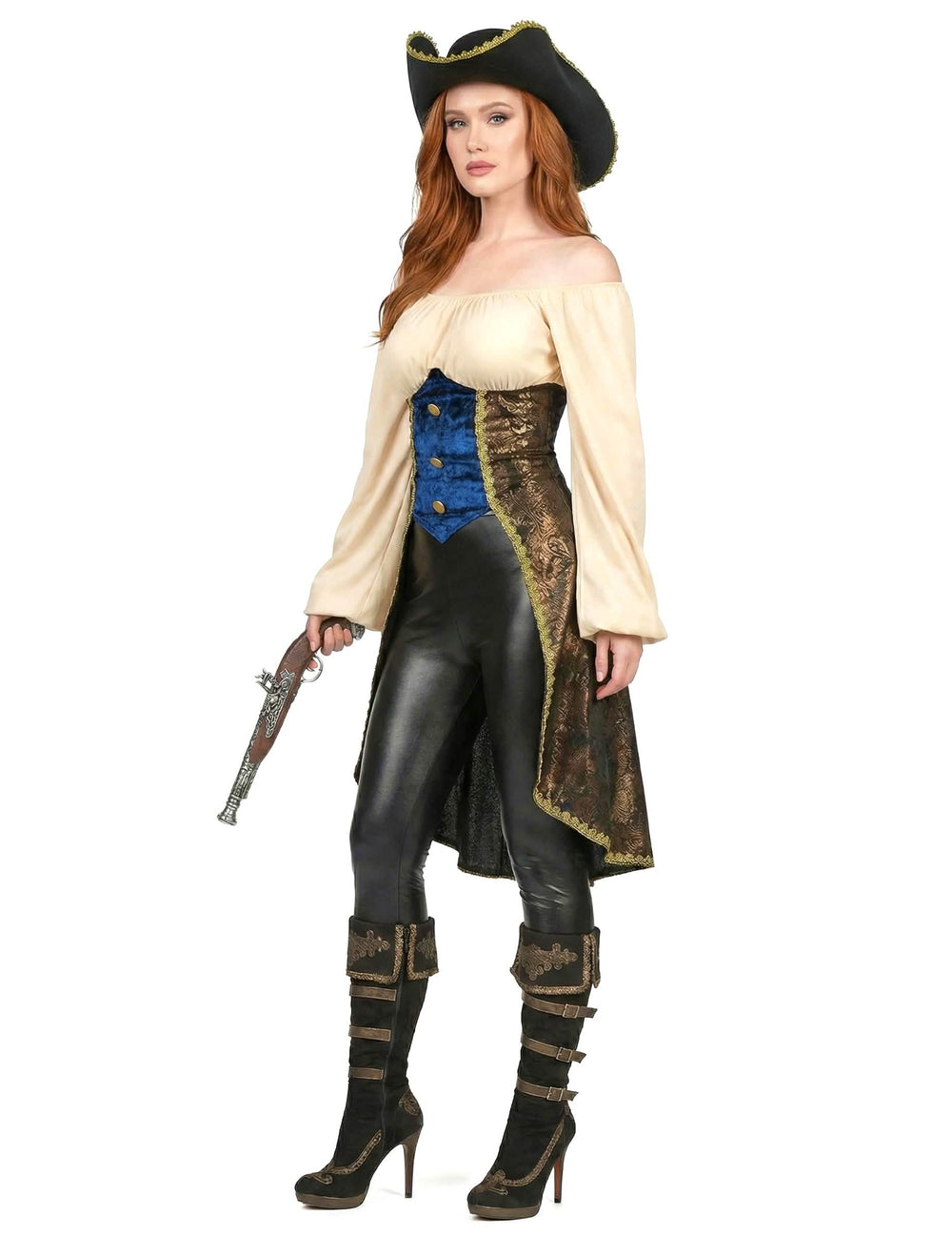Vue de trois-quarts avec pistolet du déguisement de pirate pour femme
