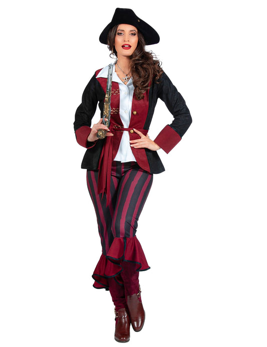 Luxuriöses schwarzes und bordeauxrotes Piratenkostüm für Damen