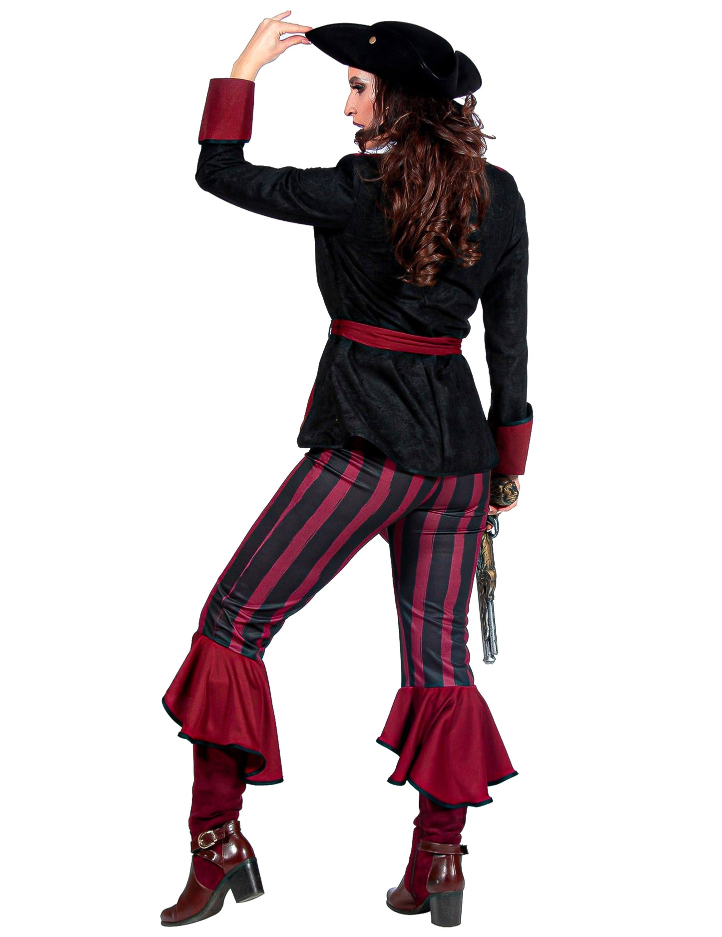 Luxuriöses schwarzes und bordeauxrotes Piratenkostüm für Damen