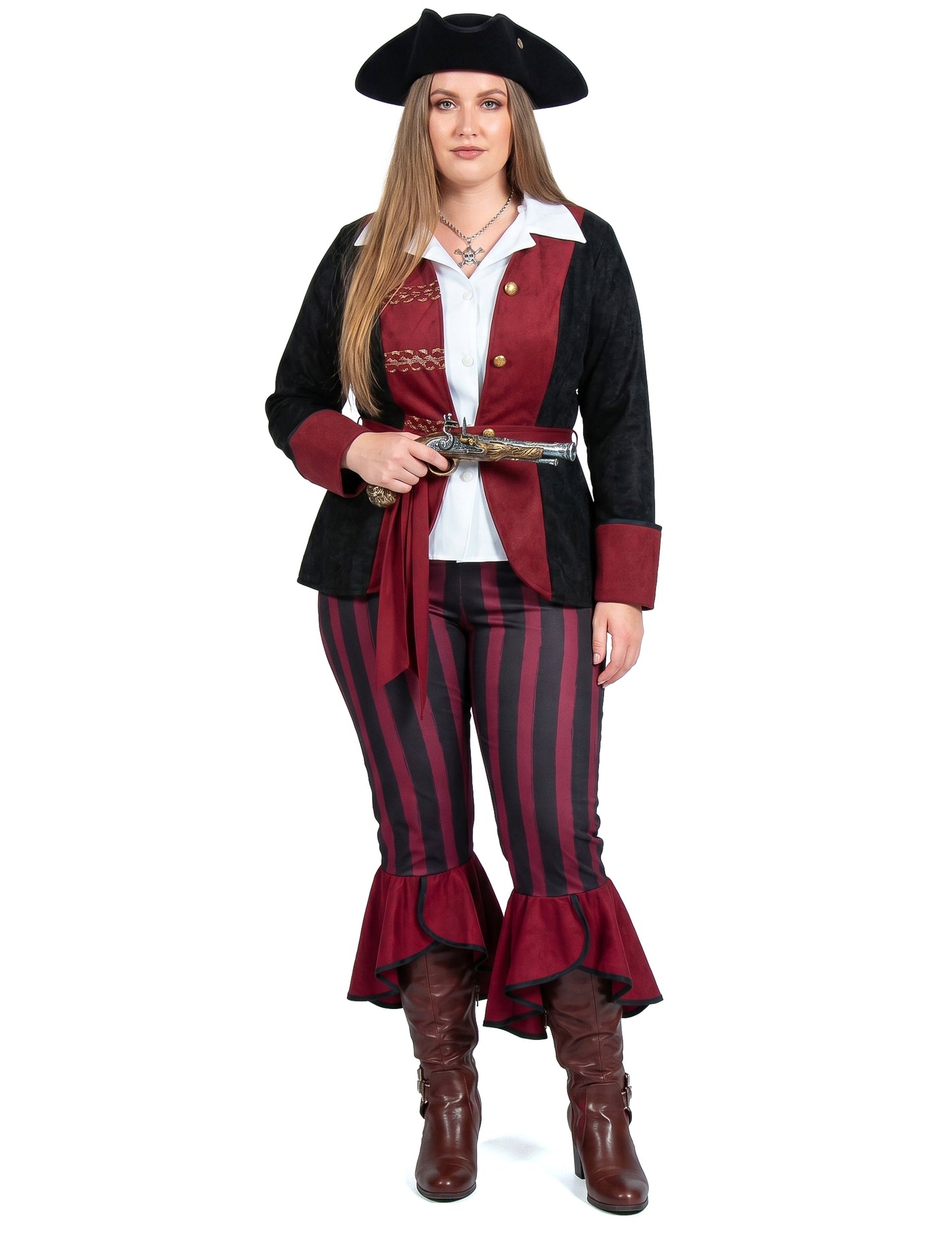 Luxuriöses schwarzes und bordeauxrotes Piratenkostüm für Damen