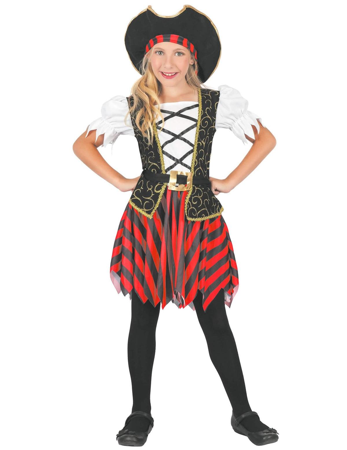 Piratenkostüm für Mädchen Schwarz und Rot mit Hut