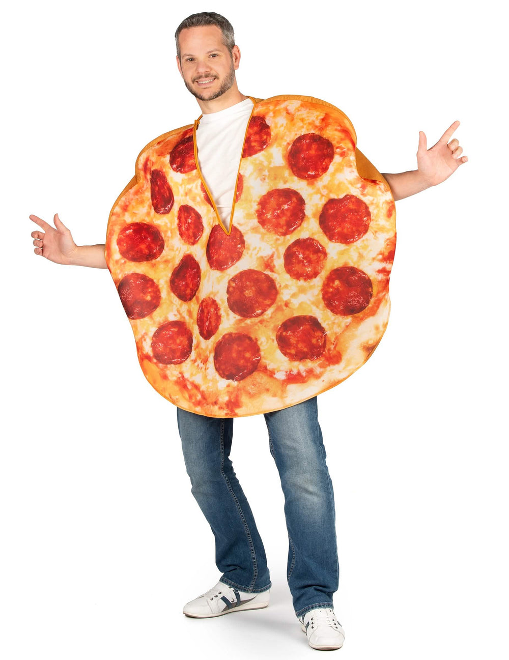 Vorderansicht des Pizza-Kostüms für Erwachsene mit Pepperoni