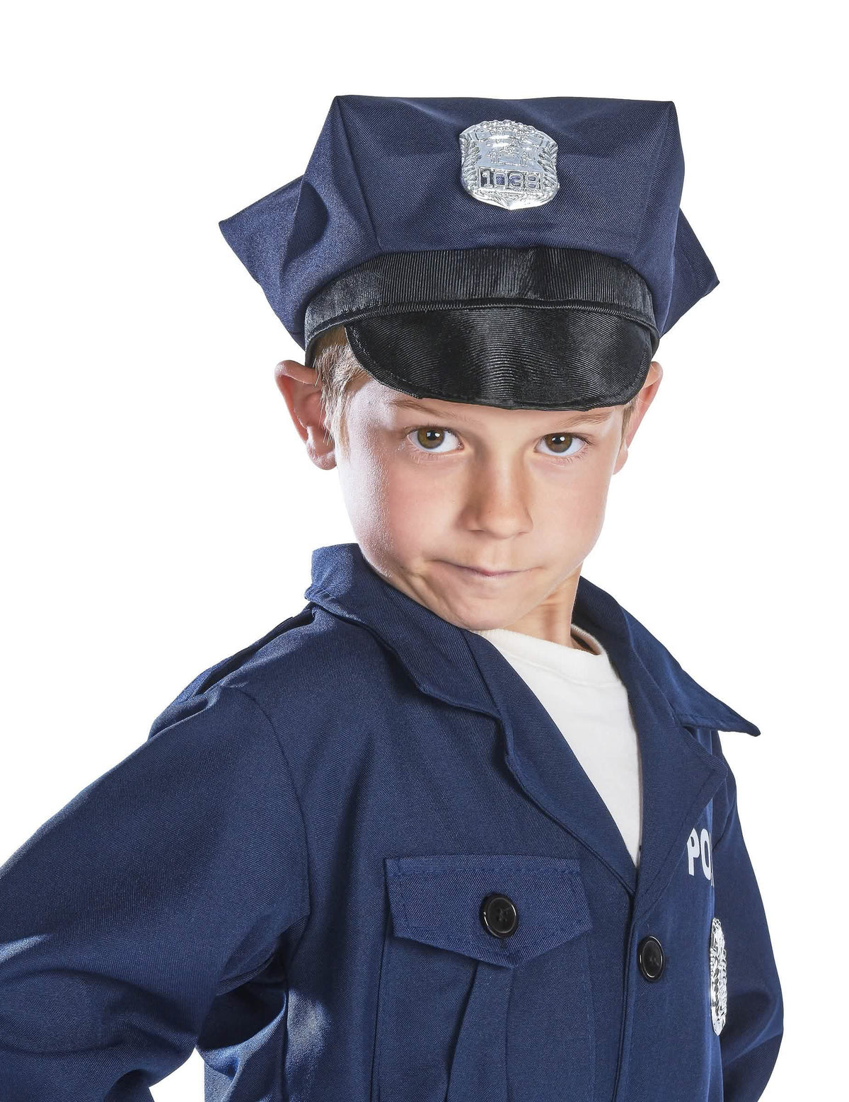 Gros plan sur le buste et la casquette du déguisement policier luxe pour garçon