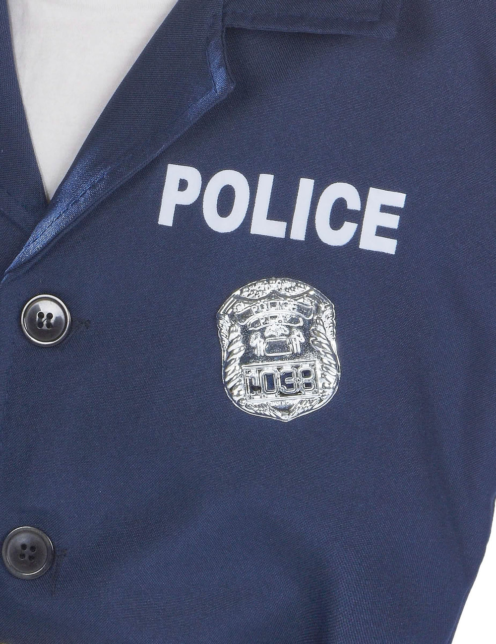 Détail de l'inscription POLICE et du badge du déguisement policier luxe pour garçon