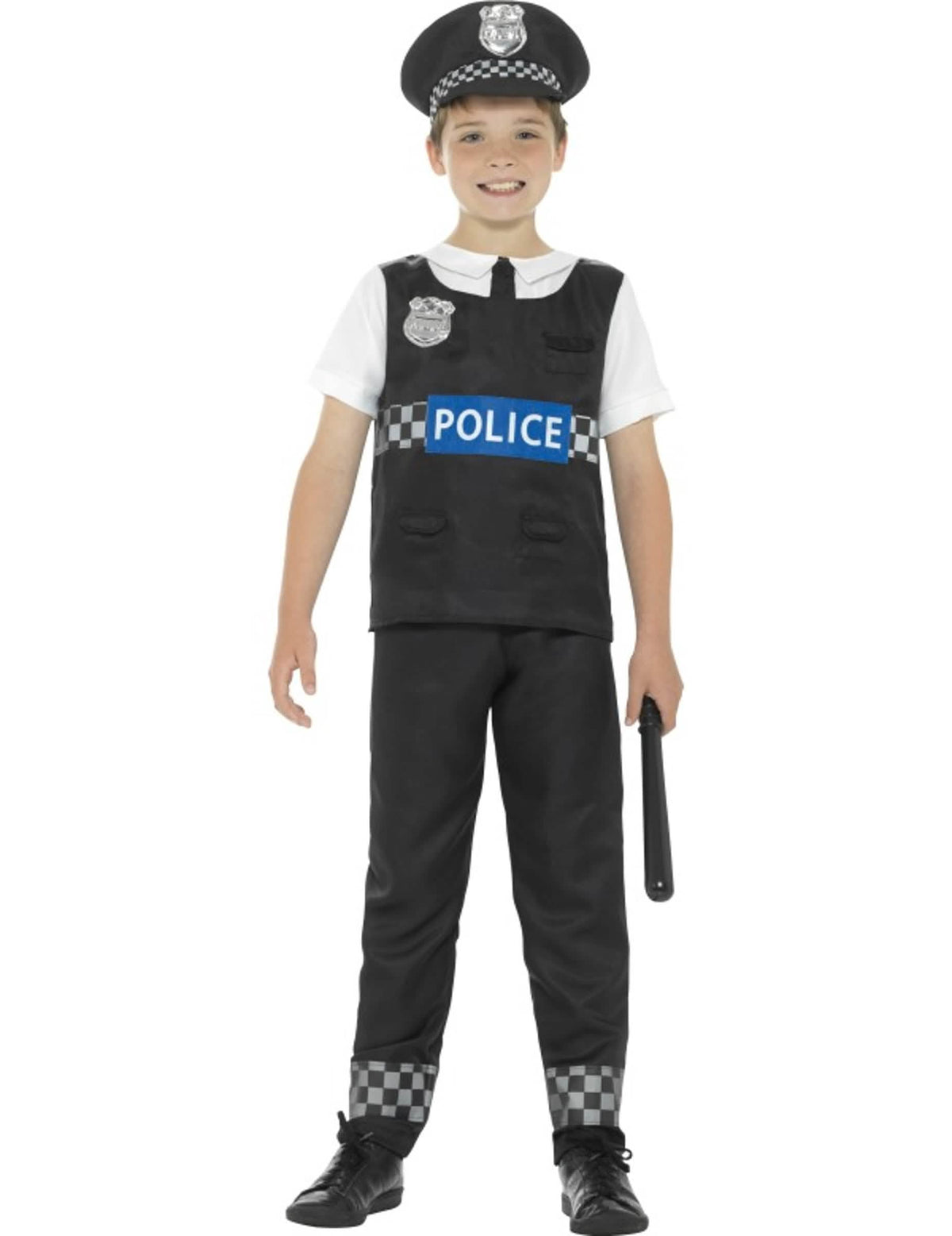 Polizeikostüm für Jungen in Black and White mit Mütze und Schlagstock