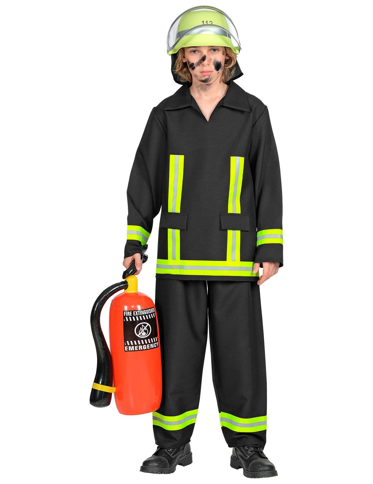 Deutsches Feuerwehrkostüm für Kinder Schwarz mit gelben reflektierenden Streifen und Helm