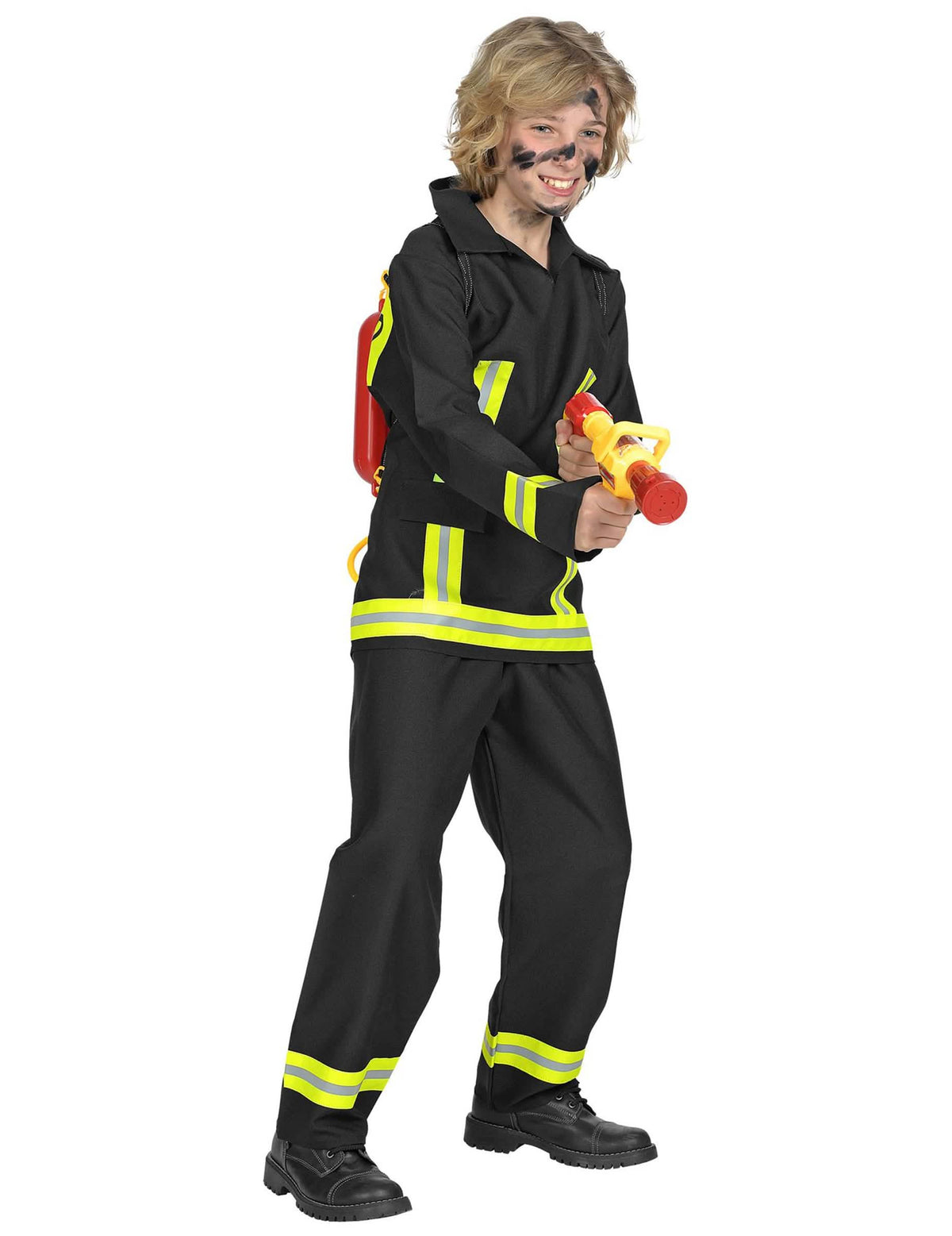 Seitenansicht mit Wasserpumpe-Zubehör des deutschen Feuerwehrkostüms