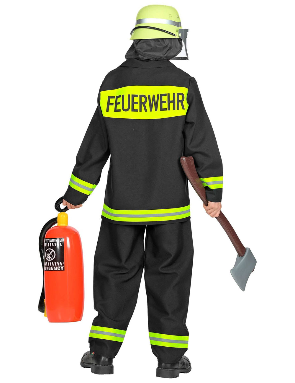 Rückansicht mit Feuerlöscher und Axt des Feuerwehrmann-Kostüms für Erwachsene