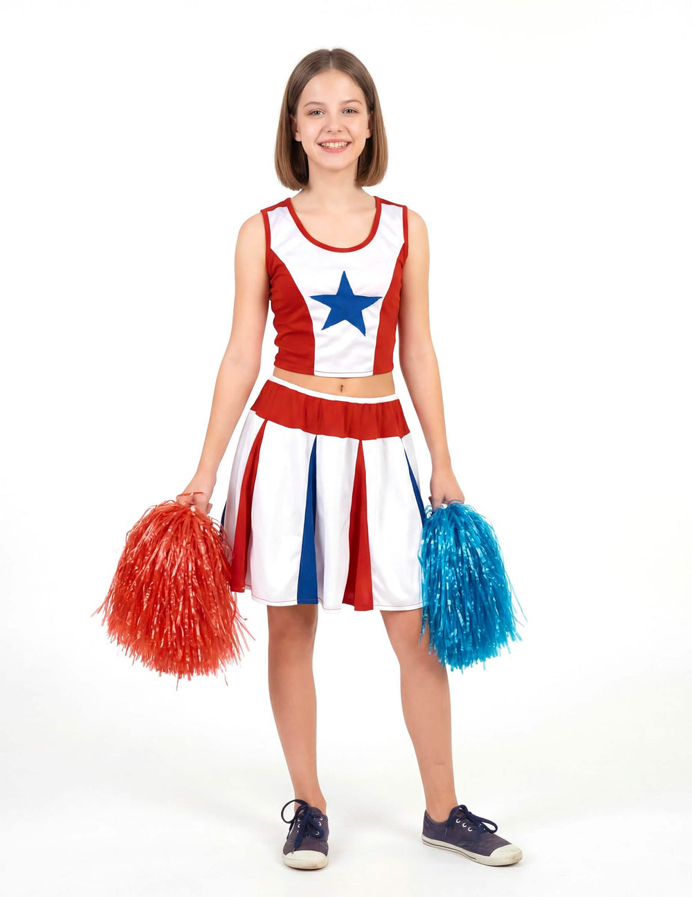 Cheerleader-Kostüm Stern für Mädchen Rot Weiß und Blau mit Cheerleader Pompons