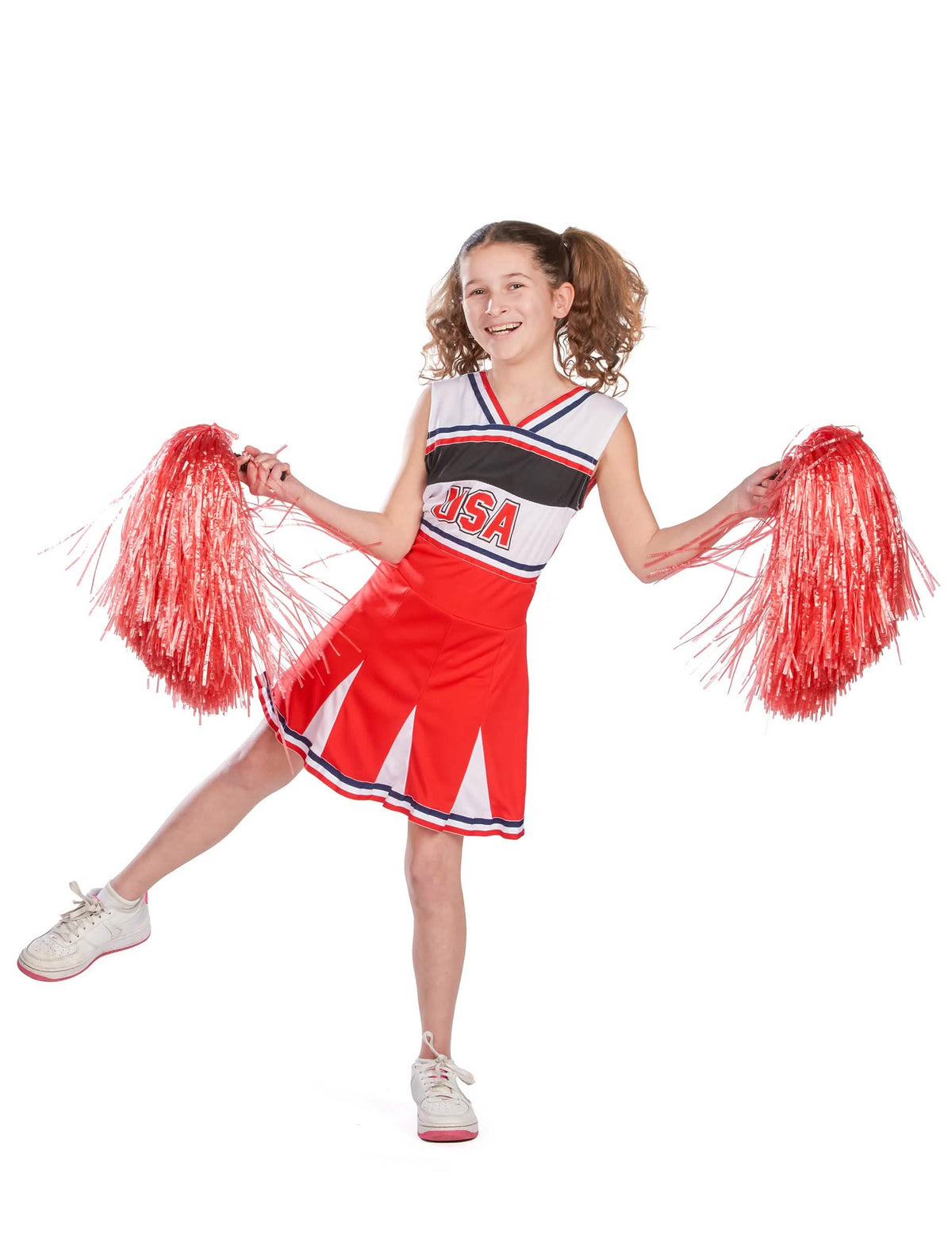 Vorderansicht mit Cheerleader Pompons des Pompomgirl-Kostüms USA
