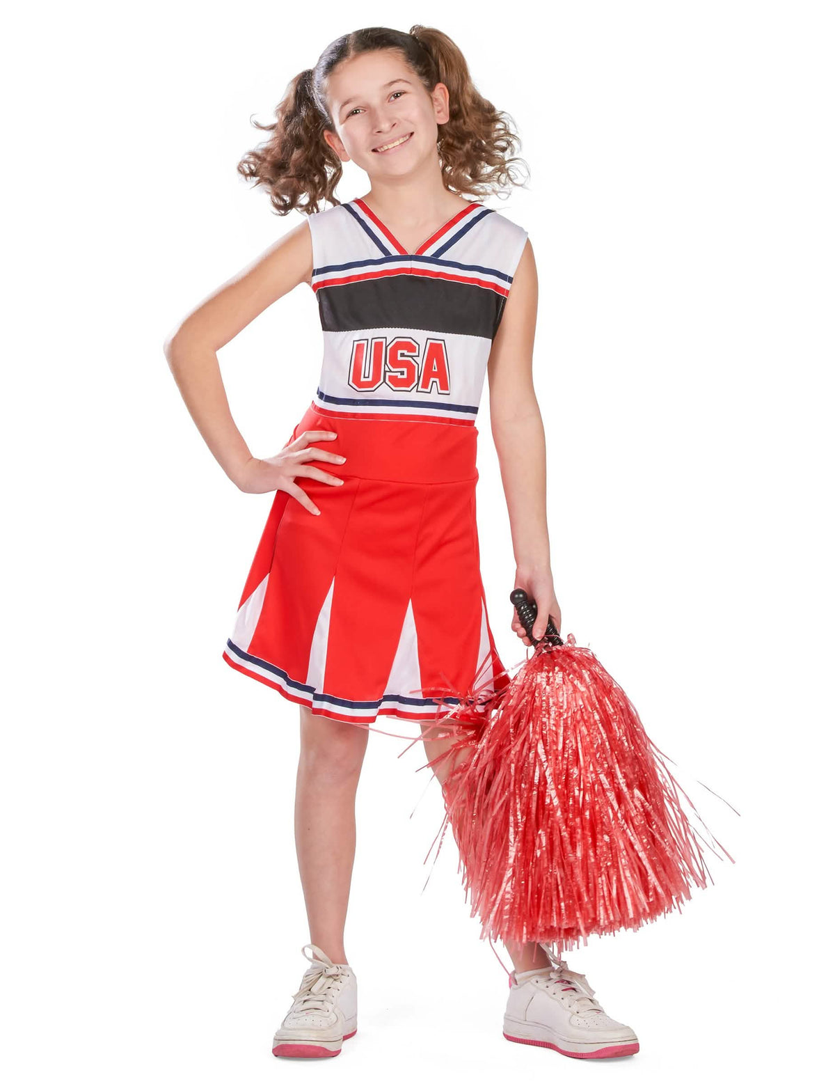 Roter Pompon, der beim USA-Pom-Pom-Girl-Kostüm in der Hand gehalten wird