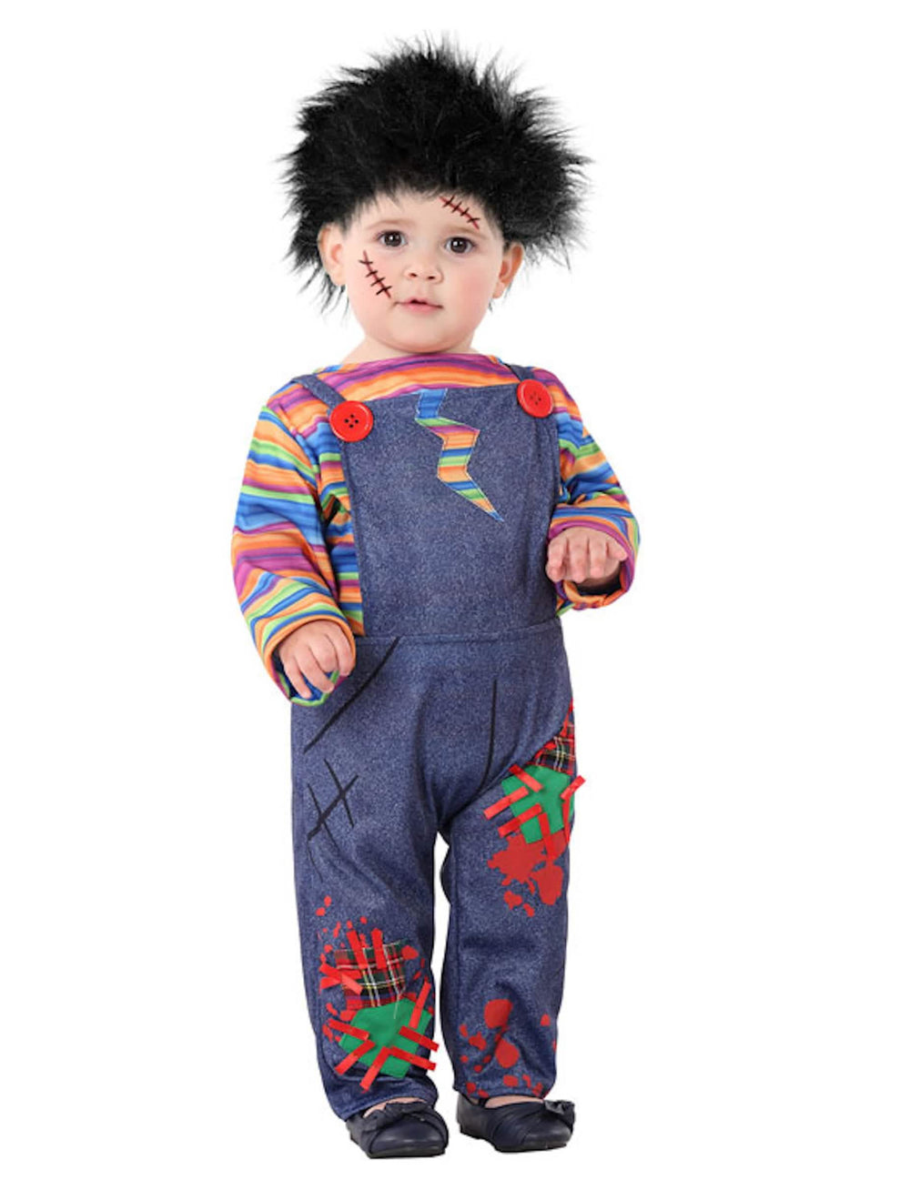 Verkleidung als böses Baby für Baby, blaue Latzhosen und gestreiftes Bunt-Oberteil