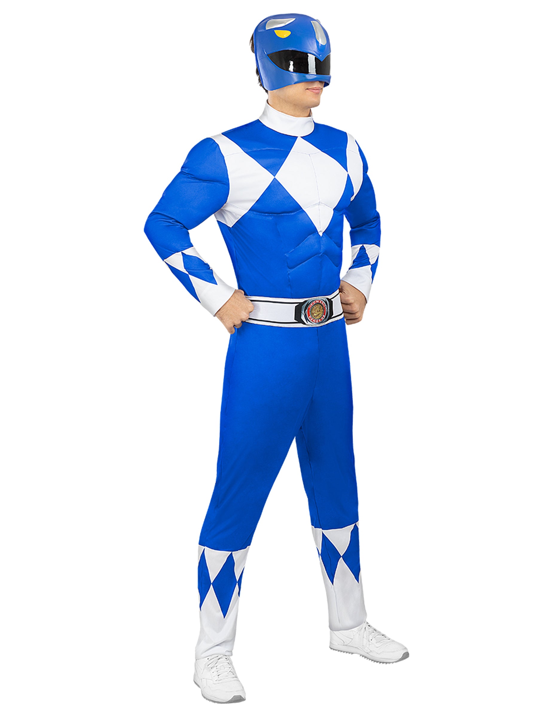 Vue de profil du déguisement Power Ranger pour adulte bleu