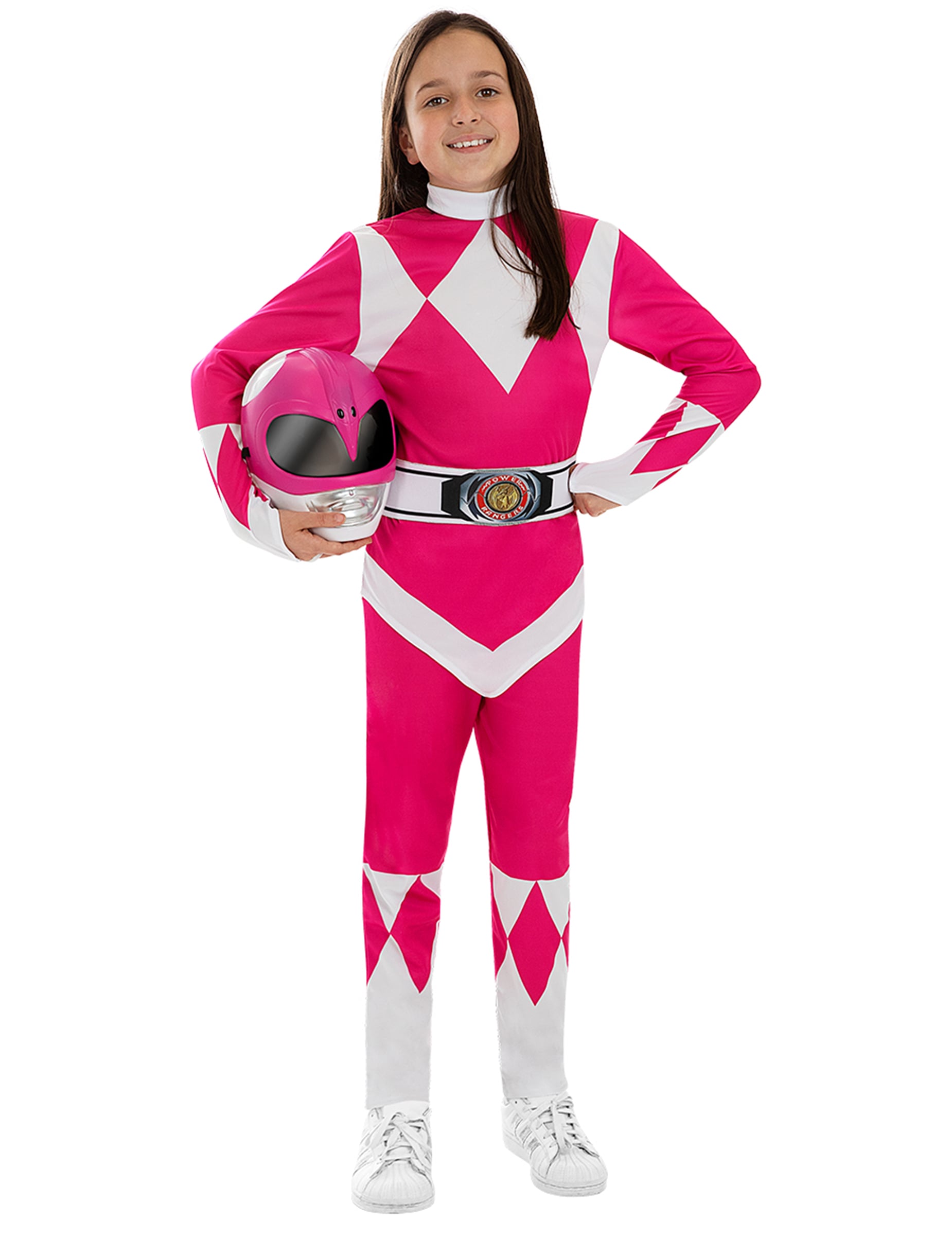 Vue de face avec masque tenu à la main du déguisement Power Ranger pour enfant rose