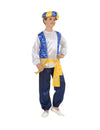 Déguisement de prince arabe pour enfant bleu et blanc avec turban et ceinture jaune