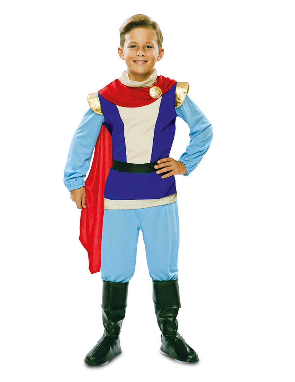 Déguisement de prince charmant pour enfant bleu et rouge avec cape et détails dorés