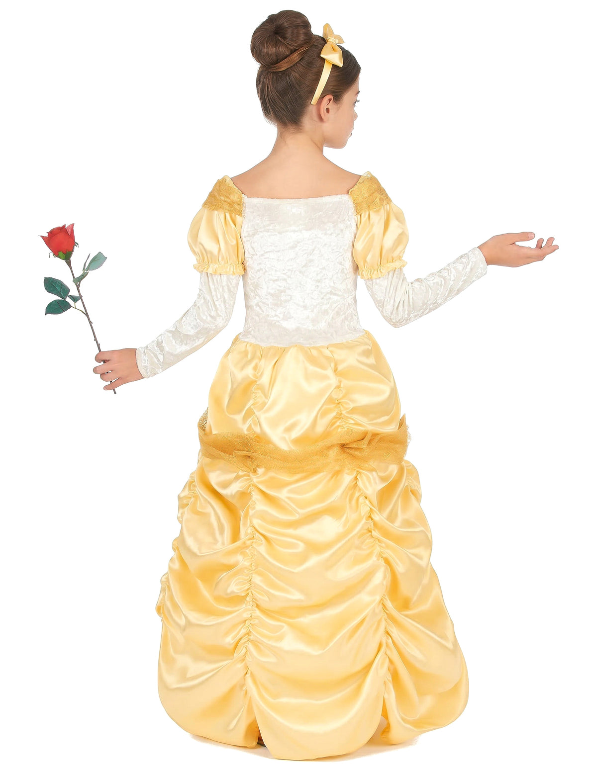 Vue de dos avec rose rouge du déguisement de princesse beauté pour fille