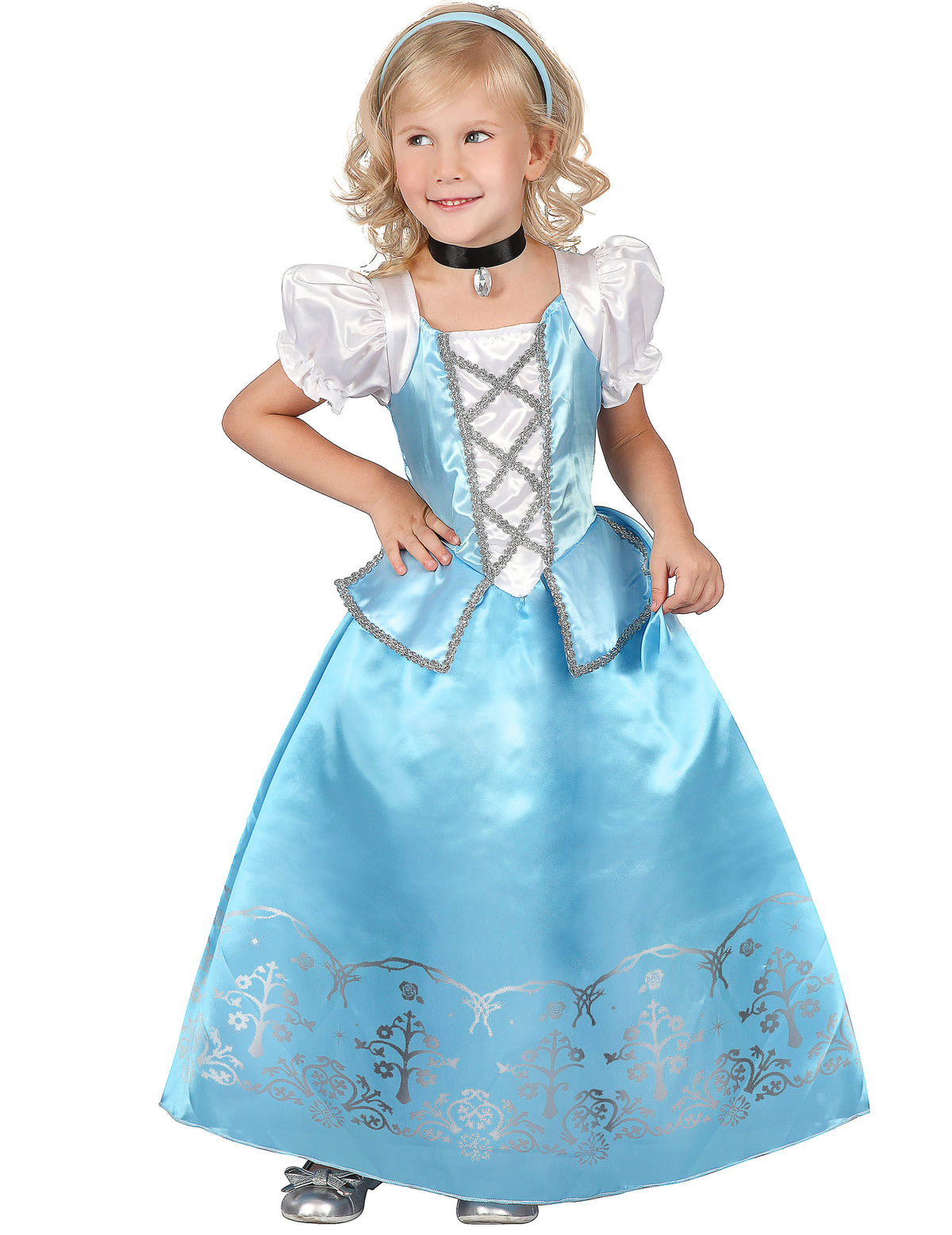 Déguisement princesse pour fille bleue et blanche avec détails argentés