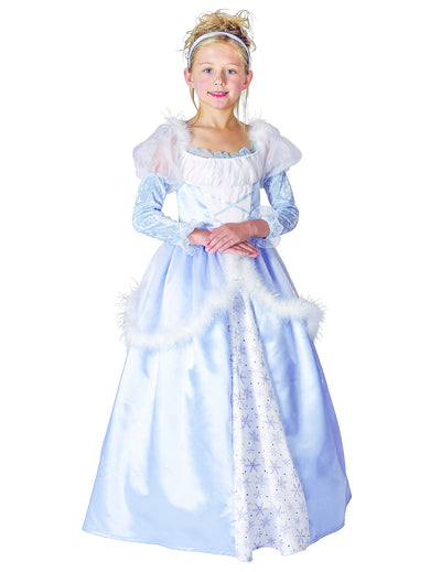 Déguisement de princesse pour enfant bleu et blanc avec motifs flocons et fausse fourrure