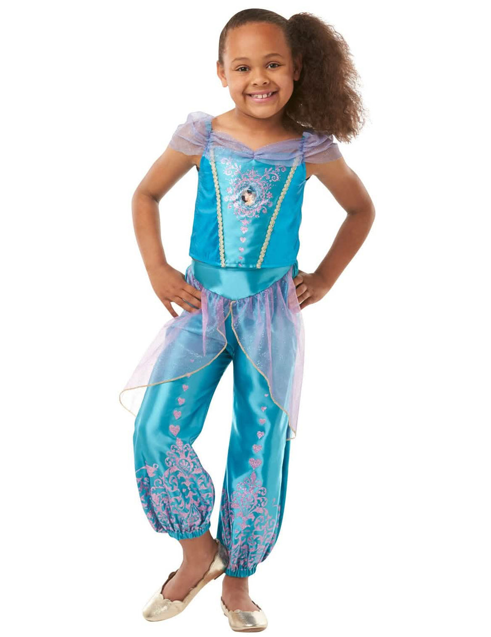 Prinzessin-Jasmin-Kostüm für Mädchen in Türkisblau mit glitzernden rosa Details