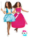 Déguisement de princesse magique 2 en 1 pour fille bleu et rose réversible avec couronne et baguette