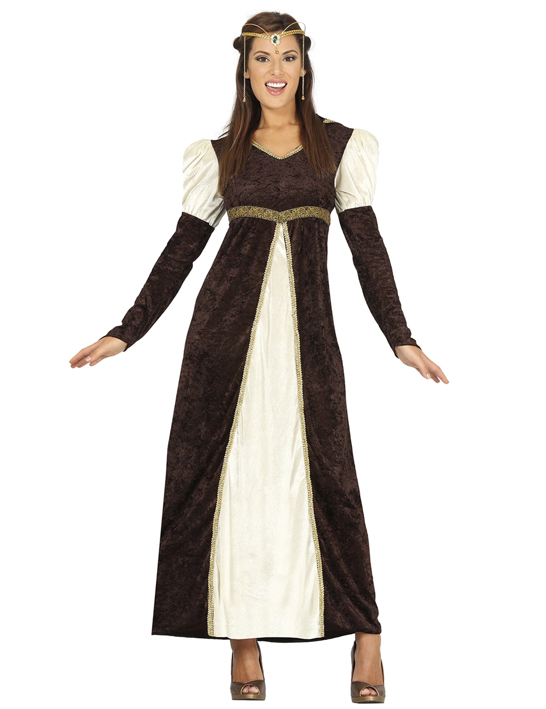 Déguisement princesse médiévale pour femme marron et crème avec finitions dorées