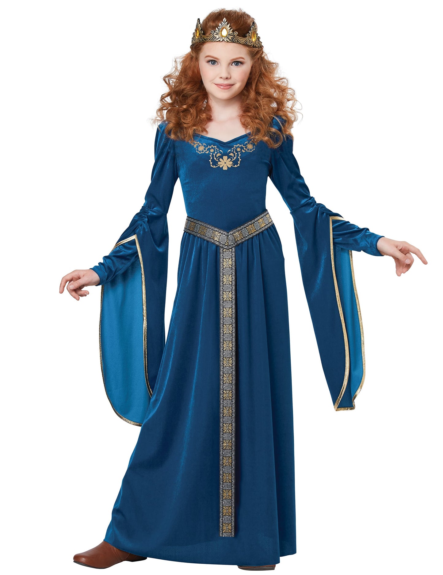 Déguisement de princesse médiévale velours luxe pour fille bleu et or avec couronne