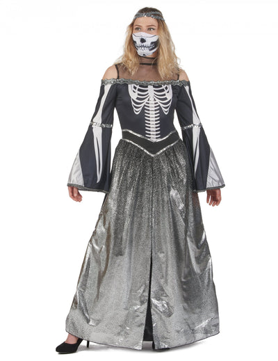 Skelett-Prinzessinnenkostüm für Damen in Schwarz und glänzendem Silber mit Maske
