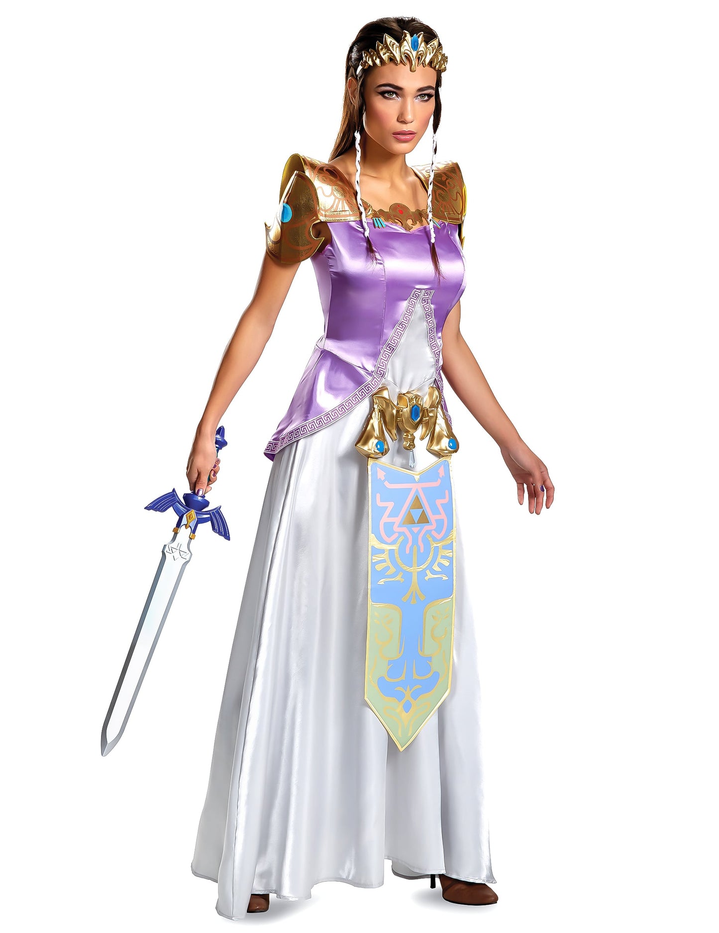 Déguisement princesse Zelda deluxe pour femme violet et blanc avec accessoires dorés