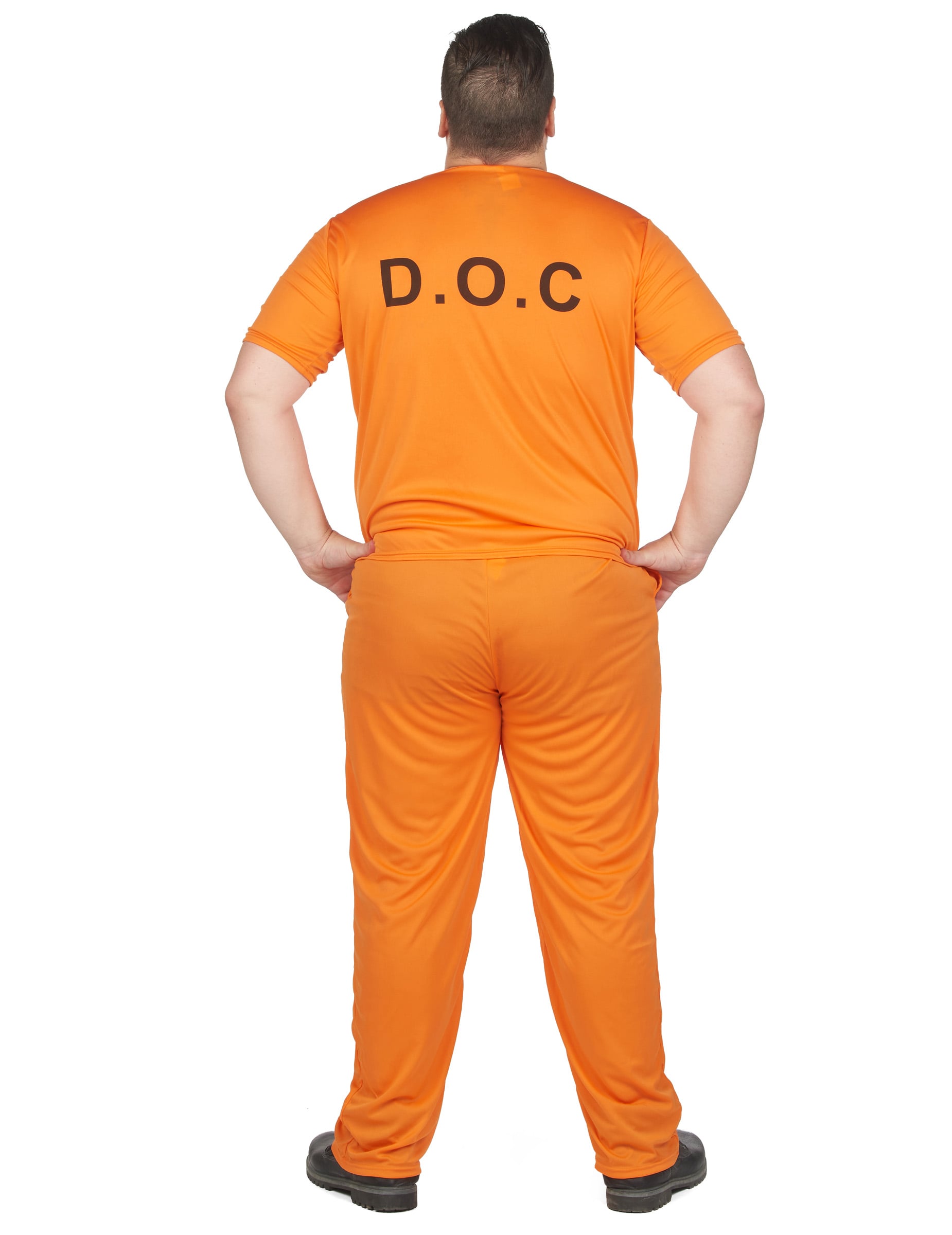 Vue de dos avec inscription DOC du déguisement de prisonnier pour adulte