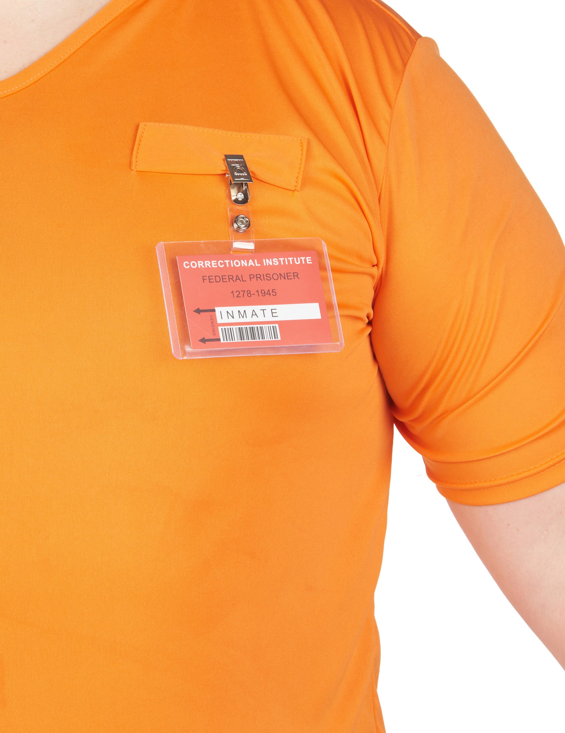 Détail du badge d'identification du déguisement de prisonnier