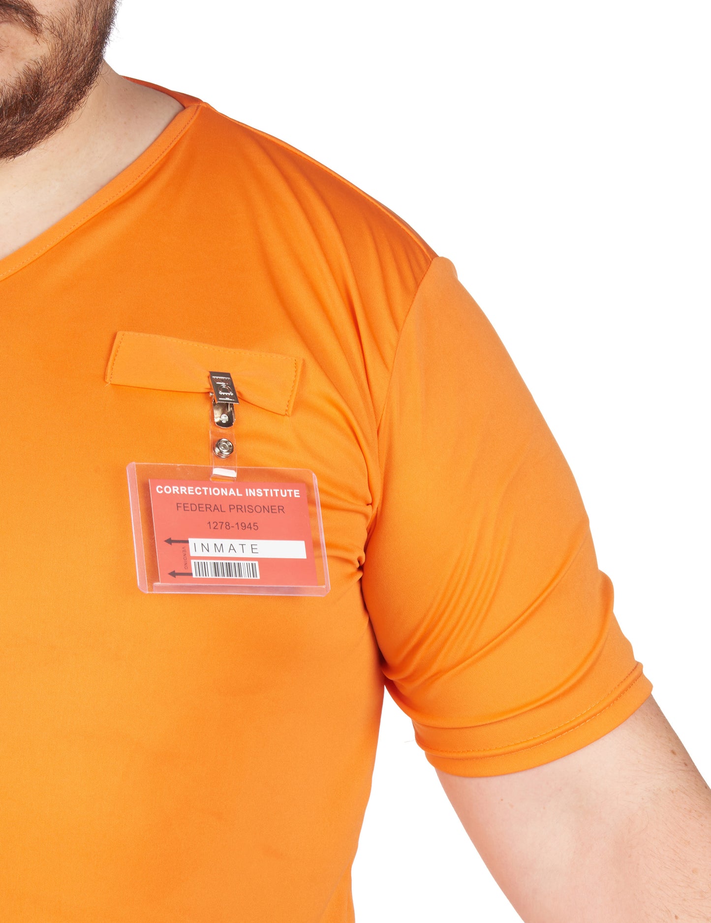 Détail de la carte d'identification accrochée au déguisement de prisonnier pour adulte