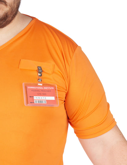 Détail de la carte d'identification accrochée au déguisement de prisonnier pour adulte