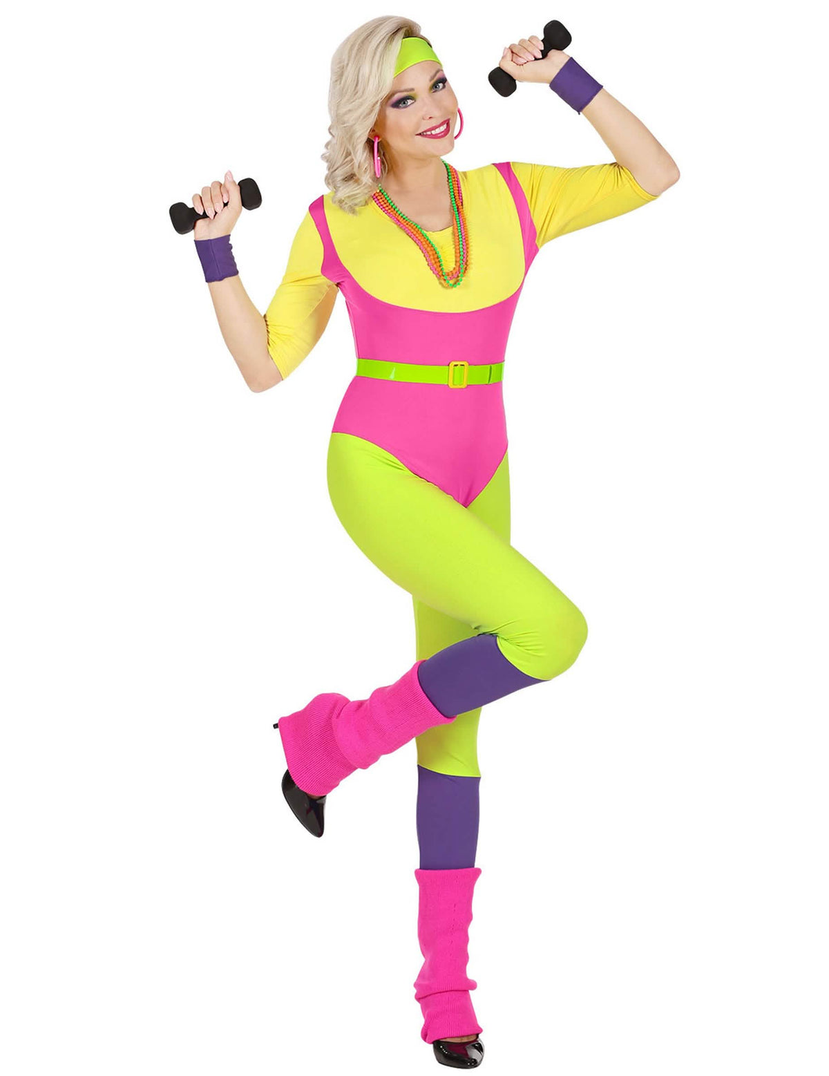 Aerobic-Lehrer-Kostüm der 80er Jahre für Damen Rosa, Pink, Gelb und Grün Neon