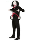 Déguisement de psychopathe tricycle pour homme noir avec masque blanc et tricycle rouge