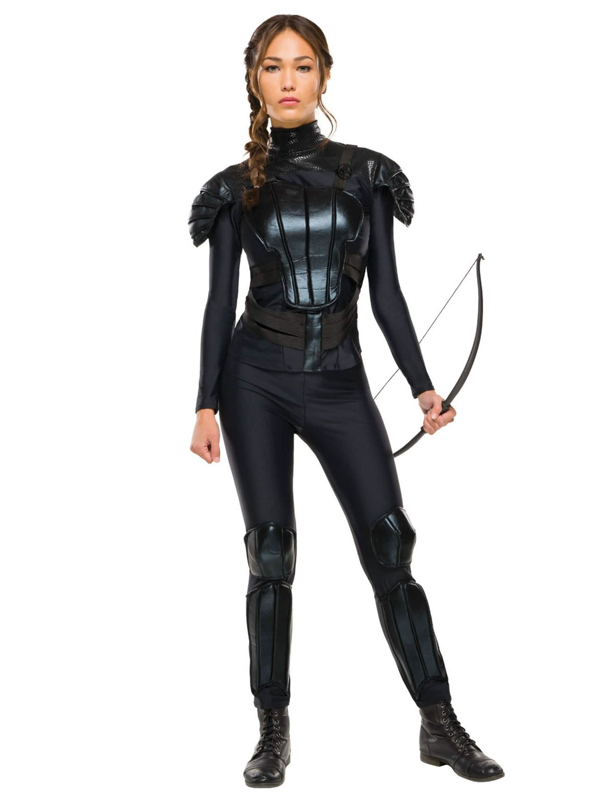 Rebellisches Katniss Hunger Games™ Damenkostüm Schwarz mit Rüstung und Bogen
