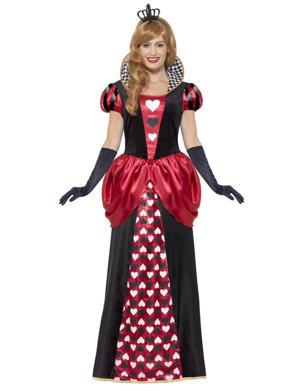 Herzkönigin-Kostüm für Damen, lang Rot und Schwarz mit Herz- und Kronenmotiven