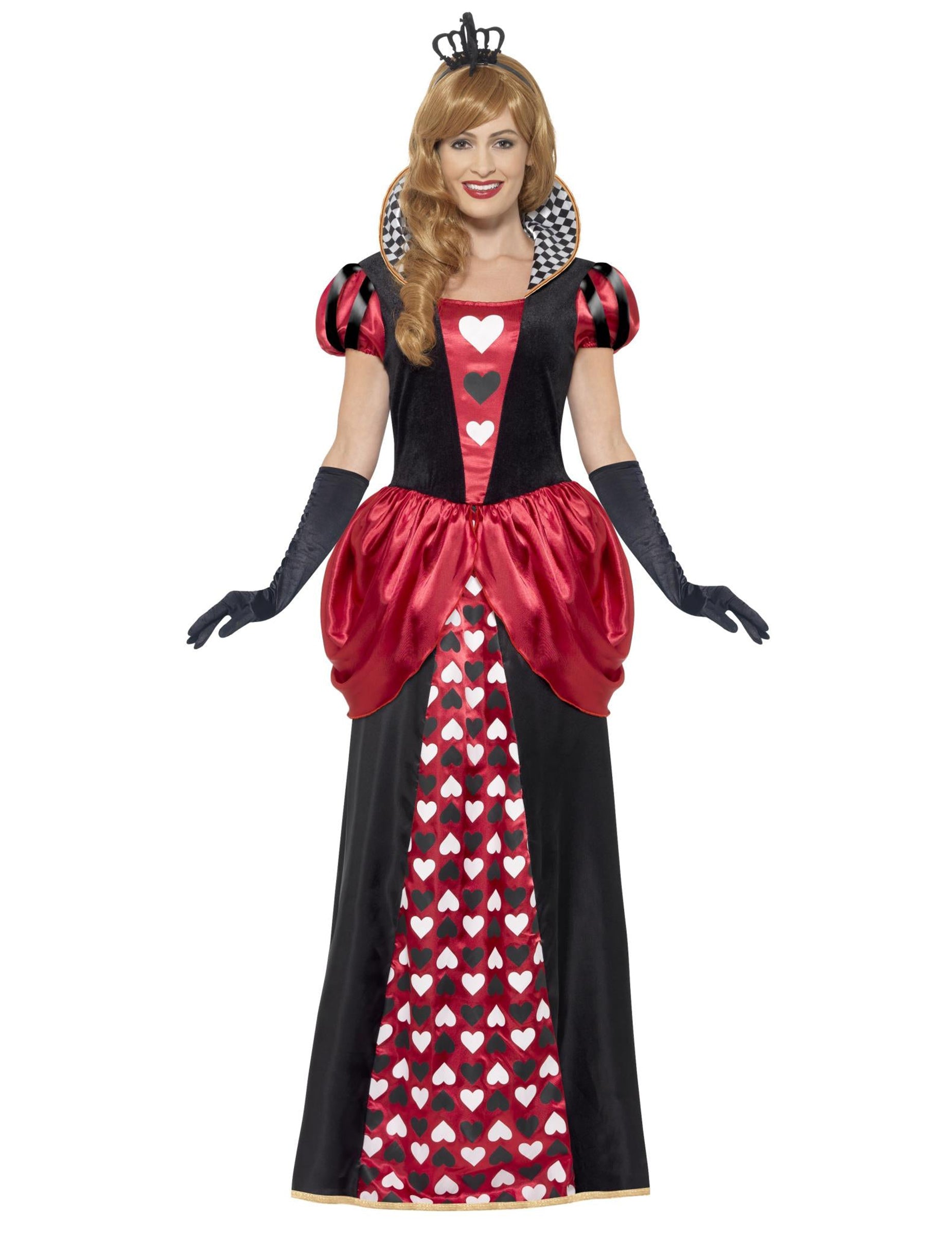 Déguisement reine de coeur pour femme long rouge et noir avec motifs cœurs et couronne