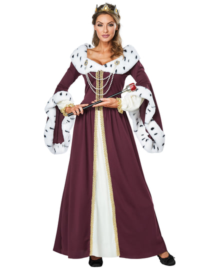 Déguisement de reine de conte de fées luxe pour femme bordeaux et blanc avec couronne