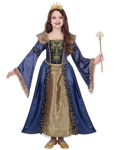 Winterliches mittelalterliches Königinnenkostüm für Mädchen, blau und golden mit Pelzdetails