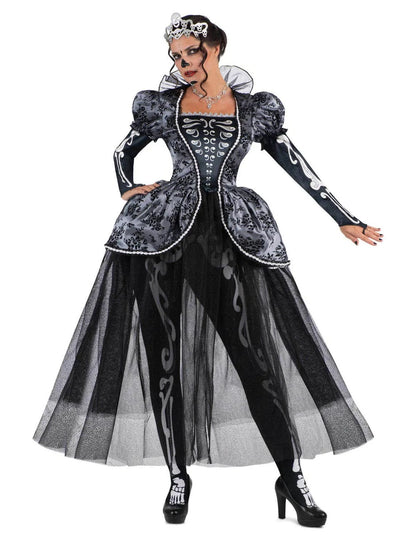 Déguisement reine squelette luxe pour femme gris et noir avec voile en tulle