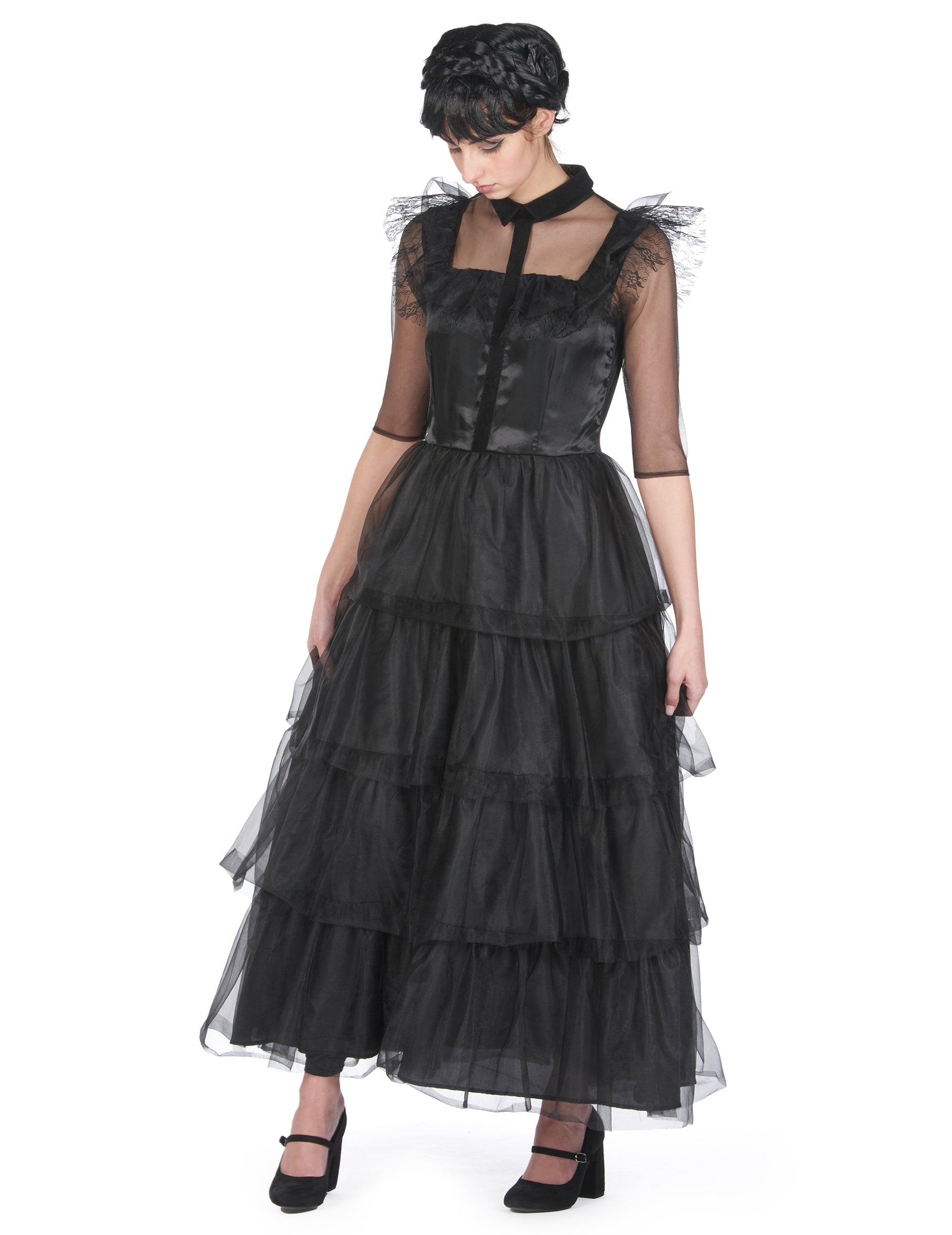 Déguisement robe de bal gothique pour femme noire avec volants en tulle