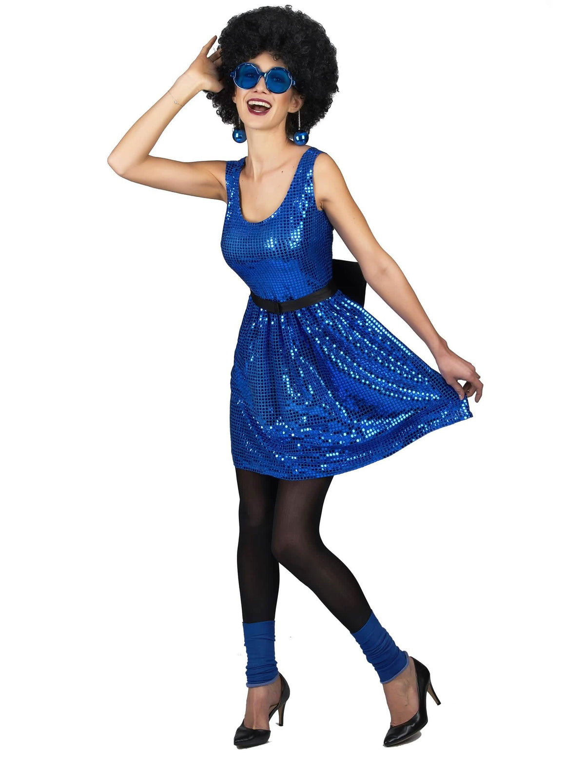 Verkleidungskleid Disco (70er) für Damen blau mit Pailletten und großer Schleife