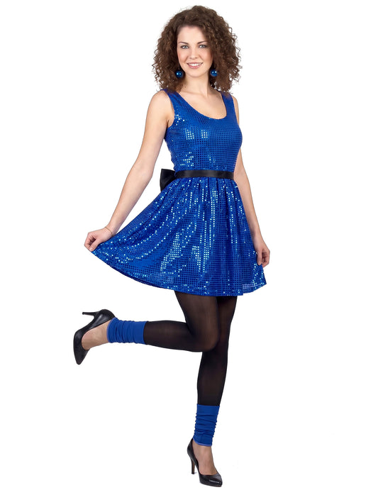 Schickes Disco-Kleid mit Pailletten und Schleife blau