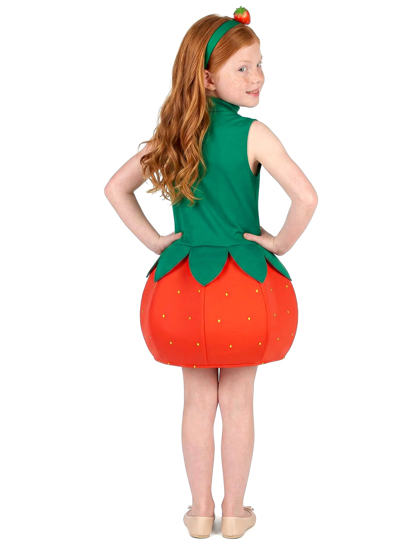 Vue de dos du déguisement robe fraise pour fille
