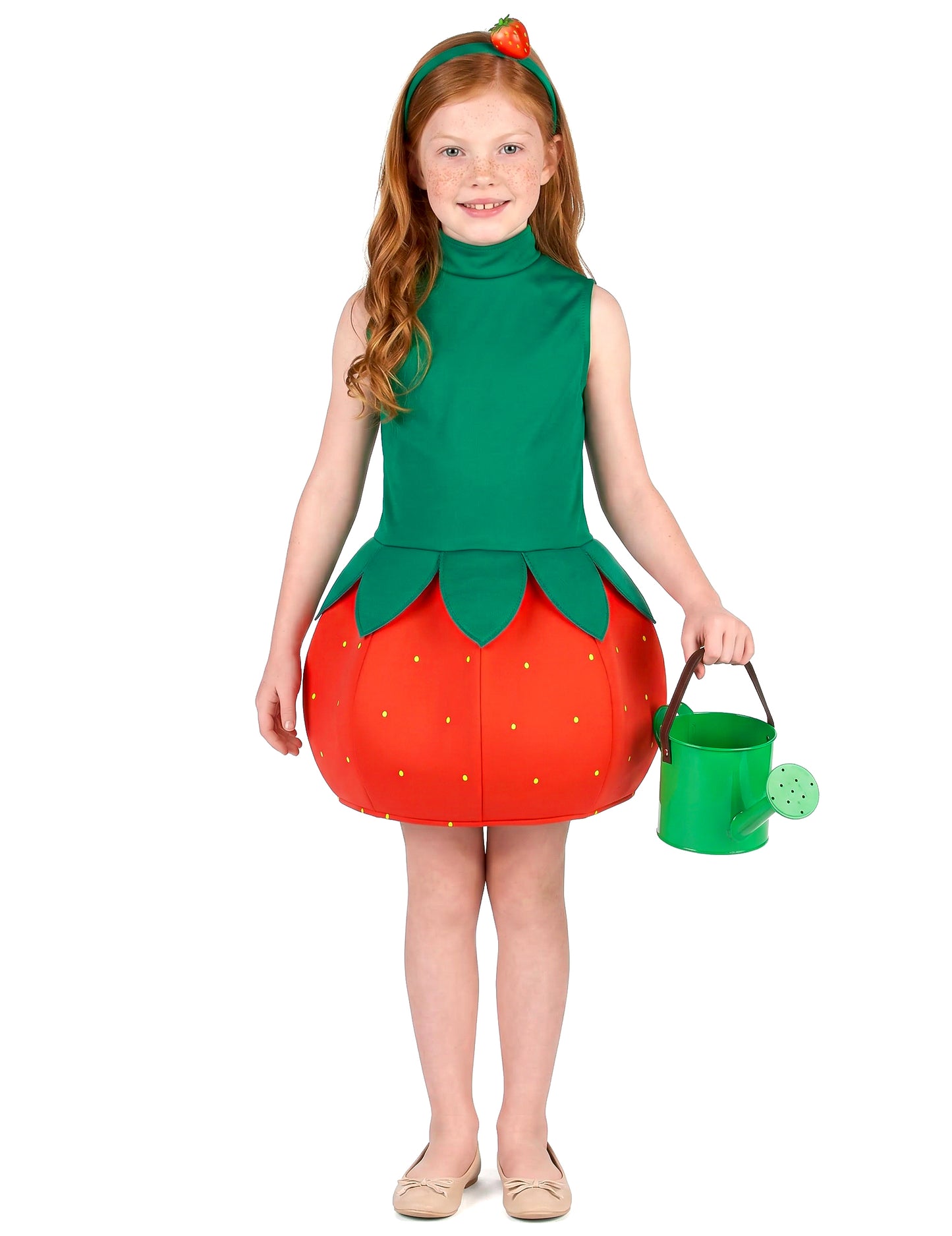 Arrosoir vert tenu avec le déguisement robe fraise pour fille