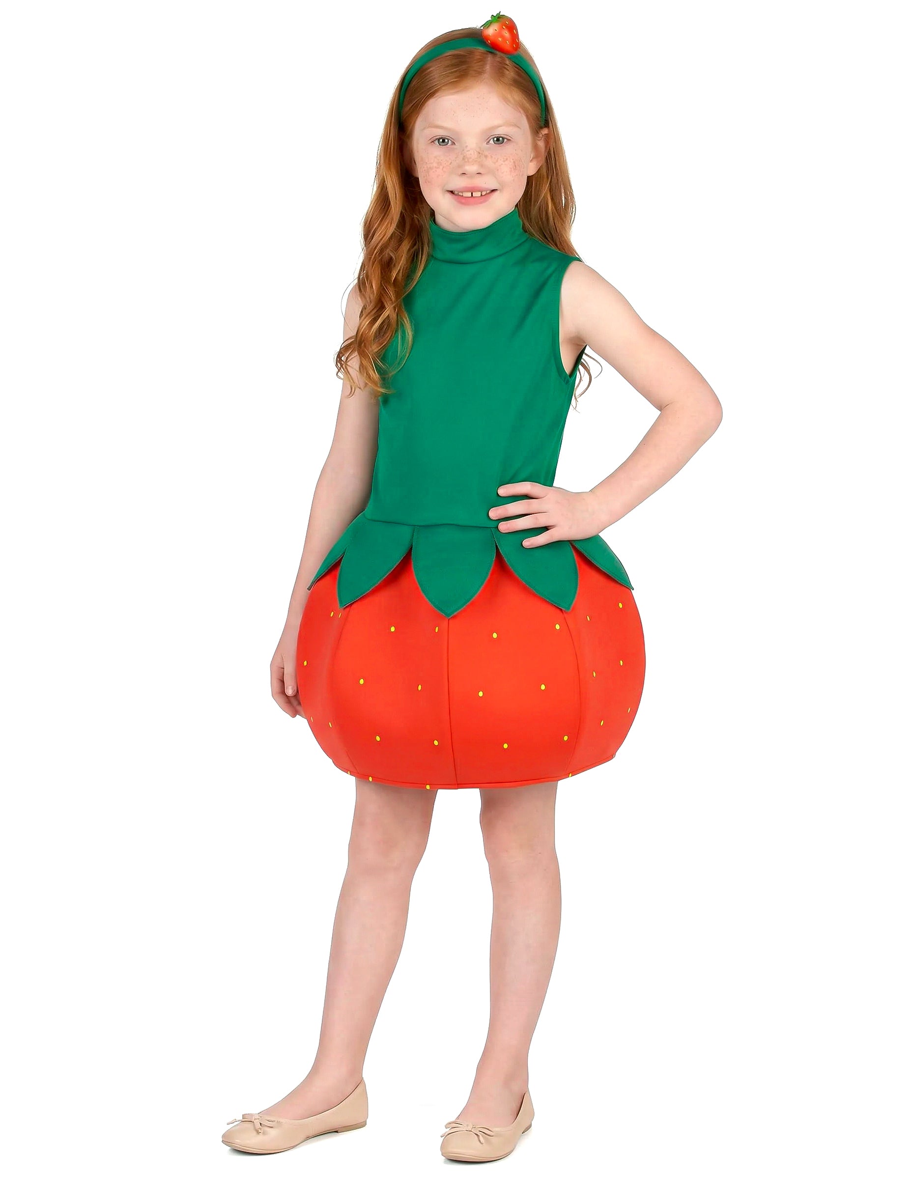 Vue de face du déguisement robe fraise pour fille