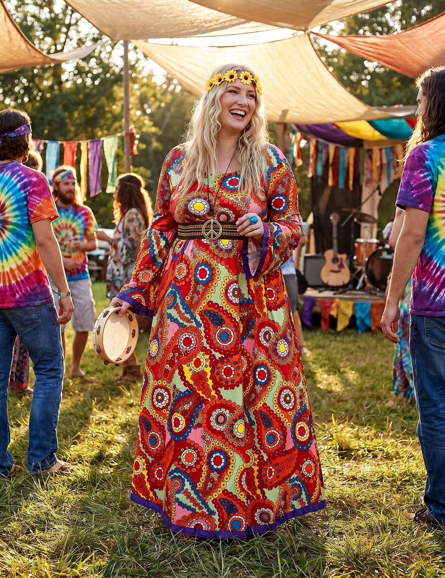Schrilles Hippie-Damenkostüm in Übergröße 60er-Jahre bunt