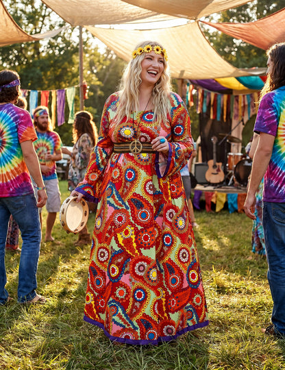Schrilles Hippie-Damenkostüm in Übergröße 60er-Jahre bunt